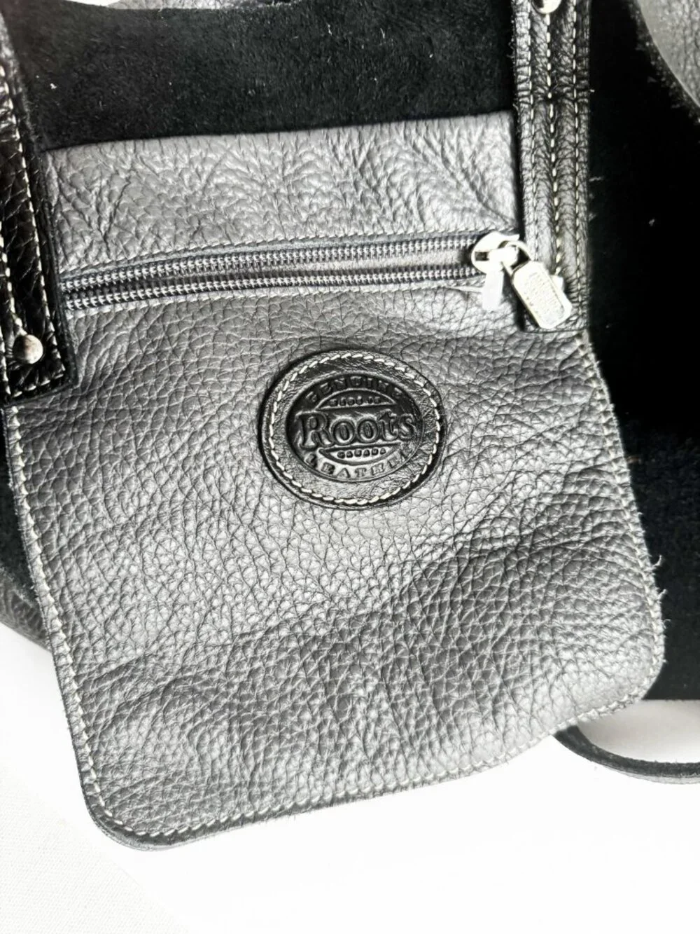 Roots Two Tone Grey Black Leather Medium Satchel Bag